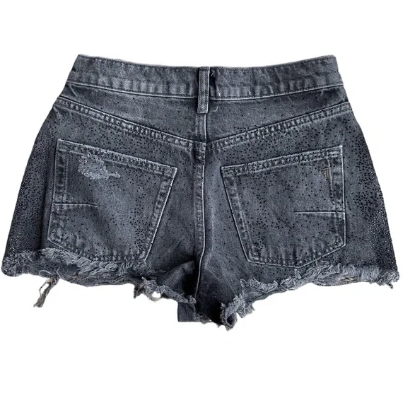 Anthropologie PILCRO Devon Rhinestone Distressed Denim Shorts Black Wash 25 NWT - Picture 6 of 13